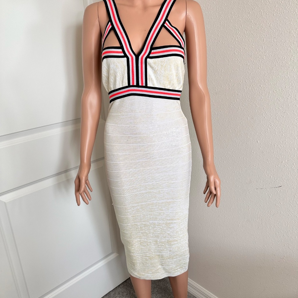Bebe White bandage body con dress with black and pink striped detail in size Sma